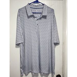 Performance Polo‎ Shirt Men's 2XL White Blue Geometric Short Sleeve Stretch